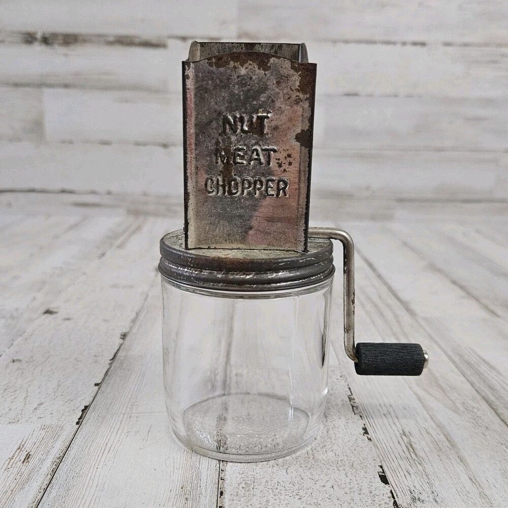 Vintage Meat And Nut Chopper Metal Top Glass Jar Bottom Anchor Hocking